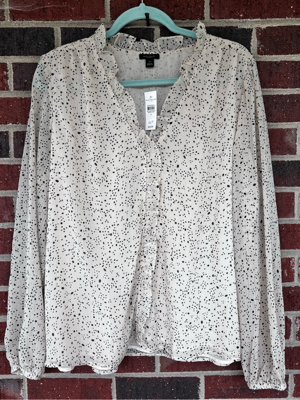 Ann Taylor Factory Womens XL Speckled Print Ruffle Collar Long Sleeve Top NWT